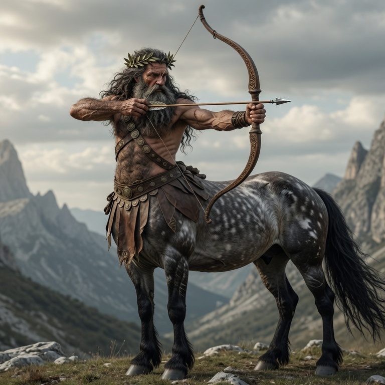 Bilge Centaur Chiron Dağlık bir arka planda, yay taşıyan ve klasik kıyafetler giymiş bir centaur.