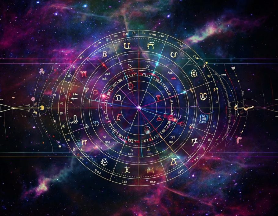 Çeşitli renklerle bezenmiş uzay temalı astrolojik doğum haritası görseli