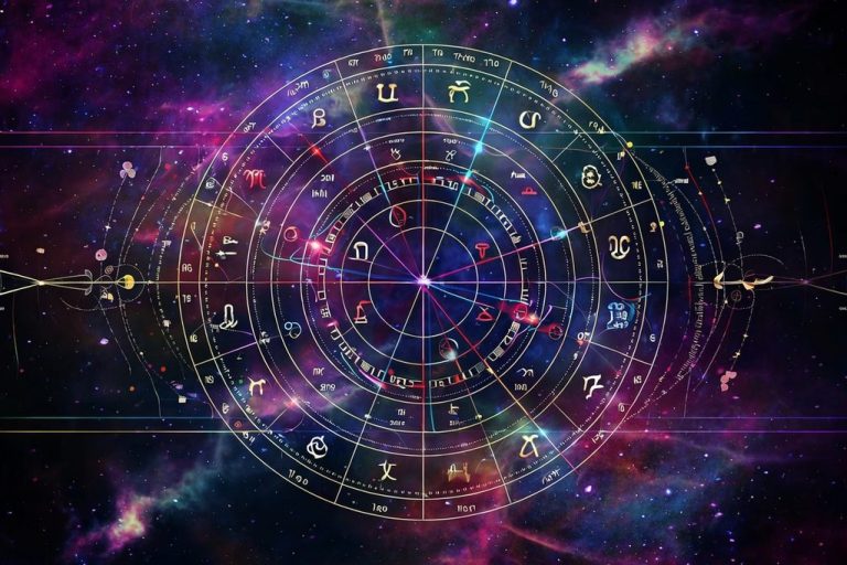 Astrolojik Doğum Haritası ve Uzay Temalı Görsel Çeşitli renklerle bezenmiş uzay temalı astrolojik doğum haritası görseli