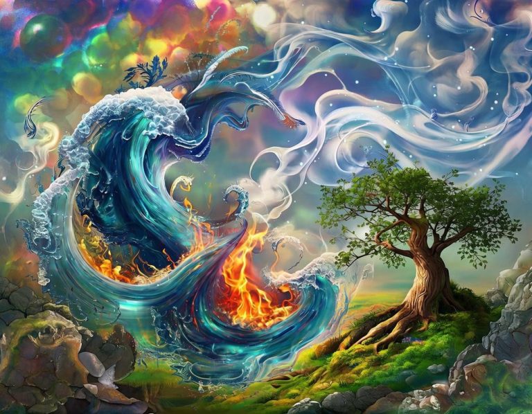 Doğum Haritasında Dört Element (Ateş, Toprak, Hava ve Su) Doğum haritasında Ateş, Toprak, Hava ve Su elementlerini temsil eden dört element görseli.