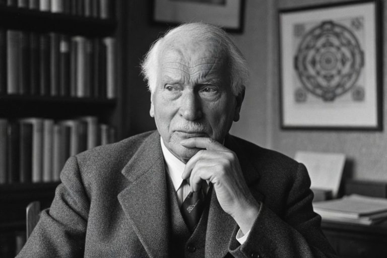 Carl Jung – Arketip Teorisi Siyah-beyaz bir portre: gri saçlı yaşlı bir adam, düşünceli bir şekilde ofis ortamında