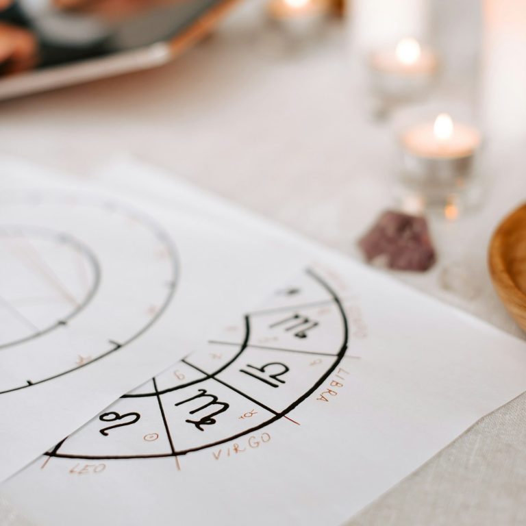 Mumların yanında bulunan astrolojik harita, yükselen burca gelen açıların doğum haritası yorumundaki etkisini temsil ediyor