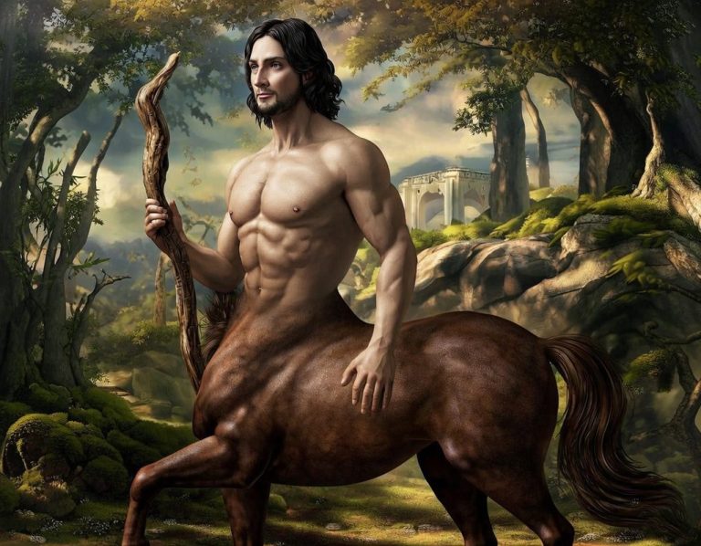 Chiron’un Mitolojik Kökeni Bir orman ortamında, üst bedeni insan ve alt bedeni at olan bir centaur.