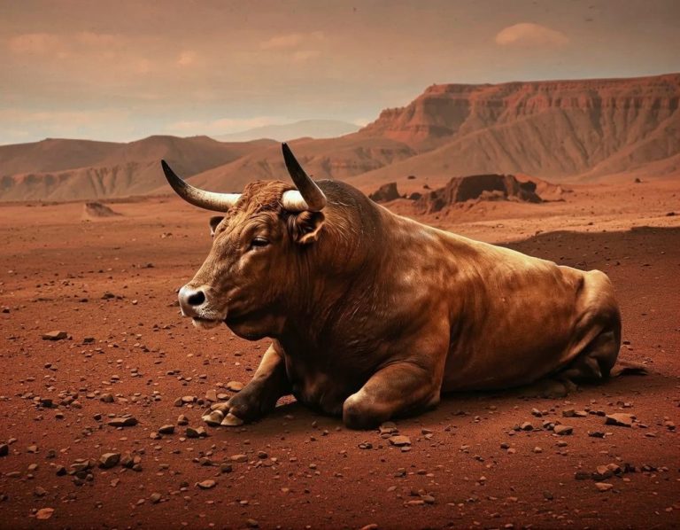 Kızıl gezegen Mars'ta yerde oturan boğa görseli